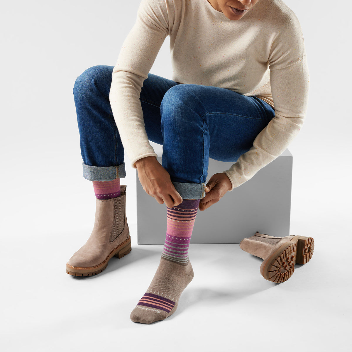 Women's Everyday Stitch Stripe Crew Socks Fossil-Purple - 2