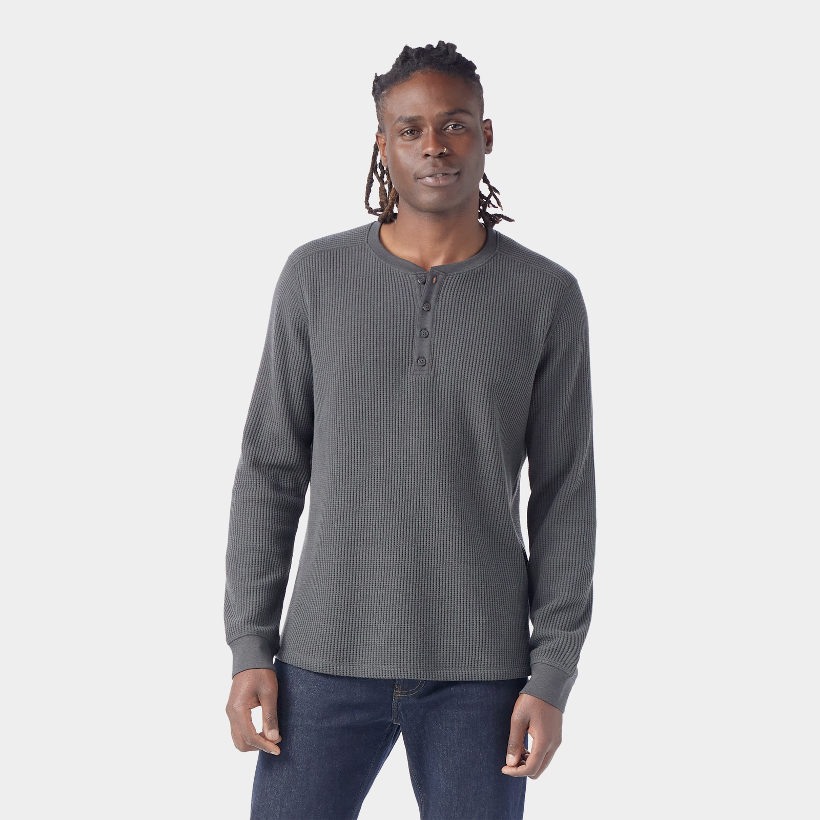 Men's Waffle Long Sleeve Henley Charcoal - ver - 1