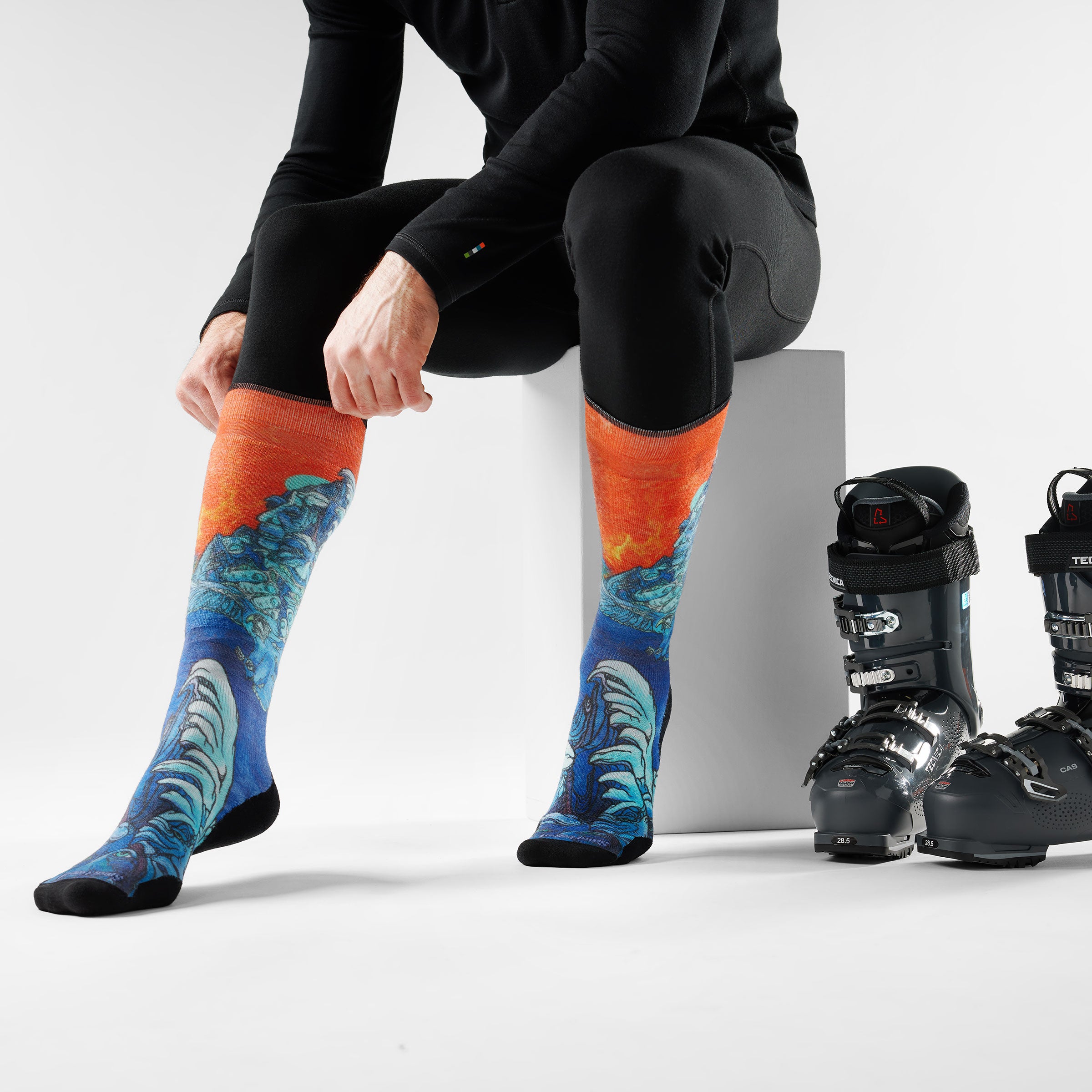 Ski Winter Haze Print Over the Calf Socks - Deep Navy