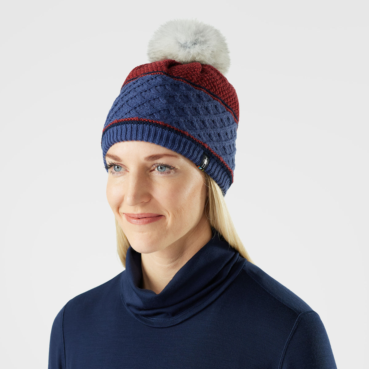 Cable Knit Colorblock Pom Beanie - Squash