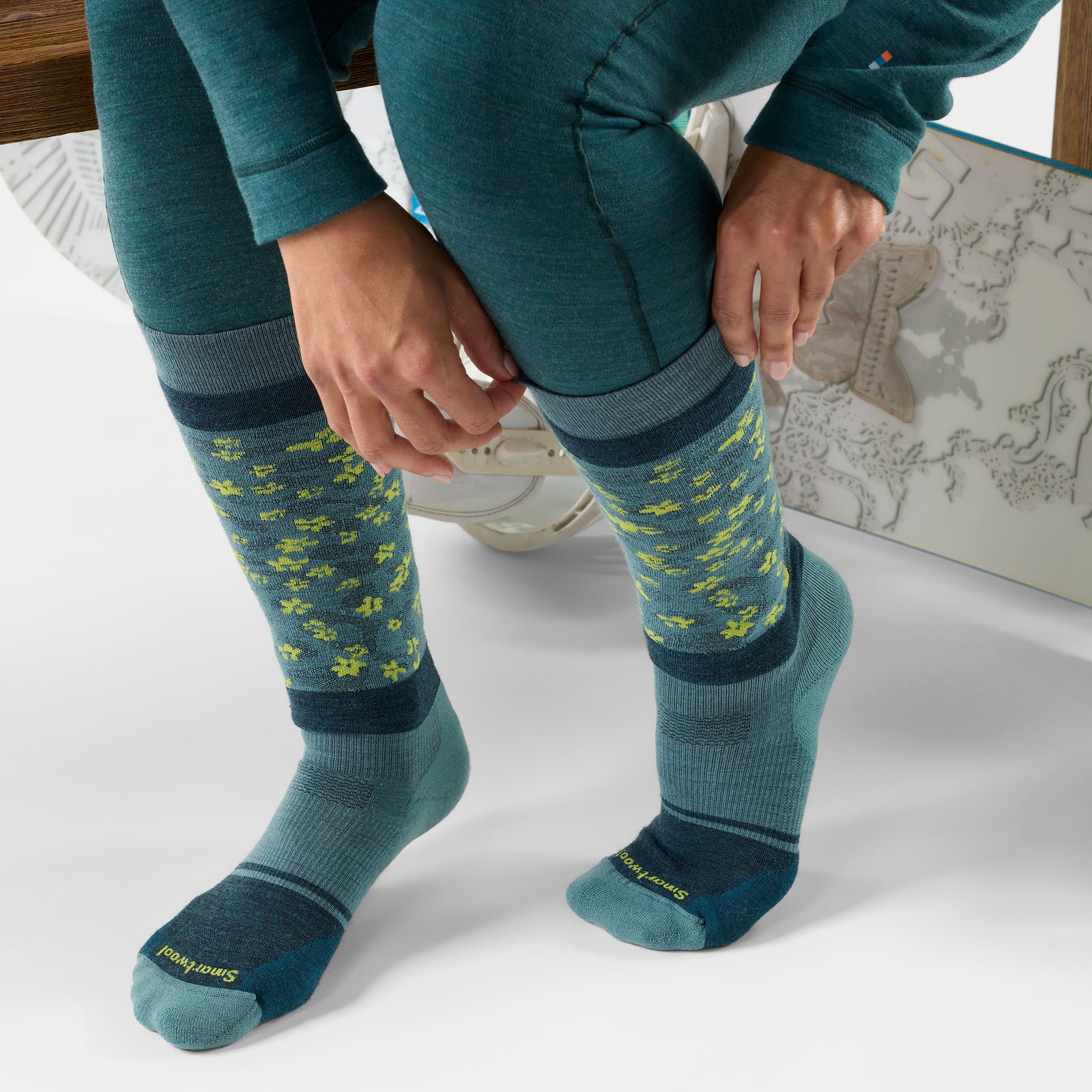 Women's Snowboard Wild Blossom Over the Calf Socks Dusty Teal - ver - 2