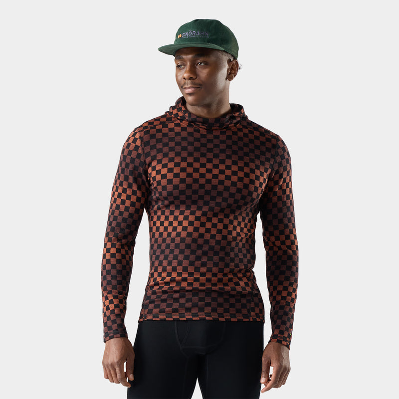 Men's Classic Thermal Merino Base Layer Hoodie - Burnt Sienna Check / L
