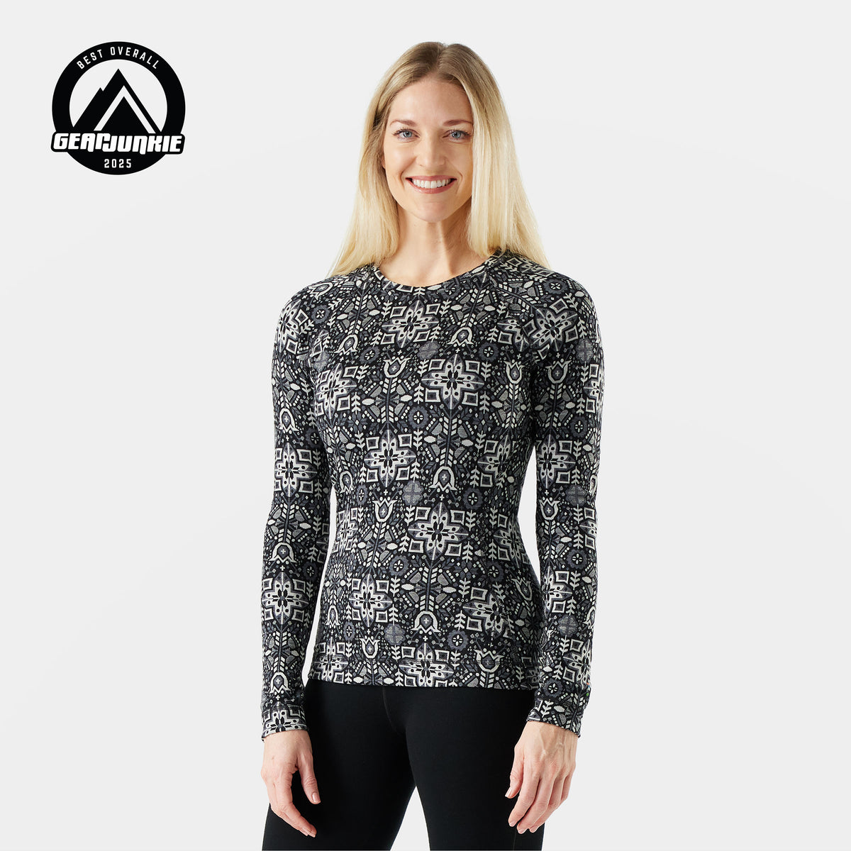 Women's Classic Thermal Merino Base Layer Crew Black Deco Floral - 1