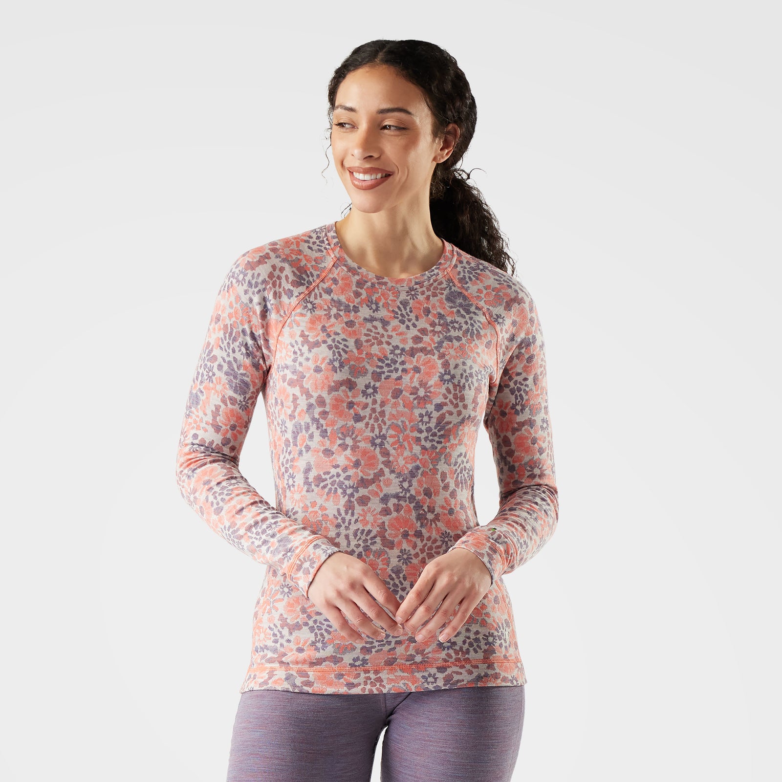 Women's Classic Thermal Merino Base Layer Crew Pacific Blue Floral - ver - 1