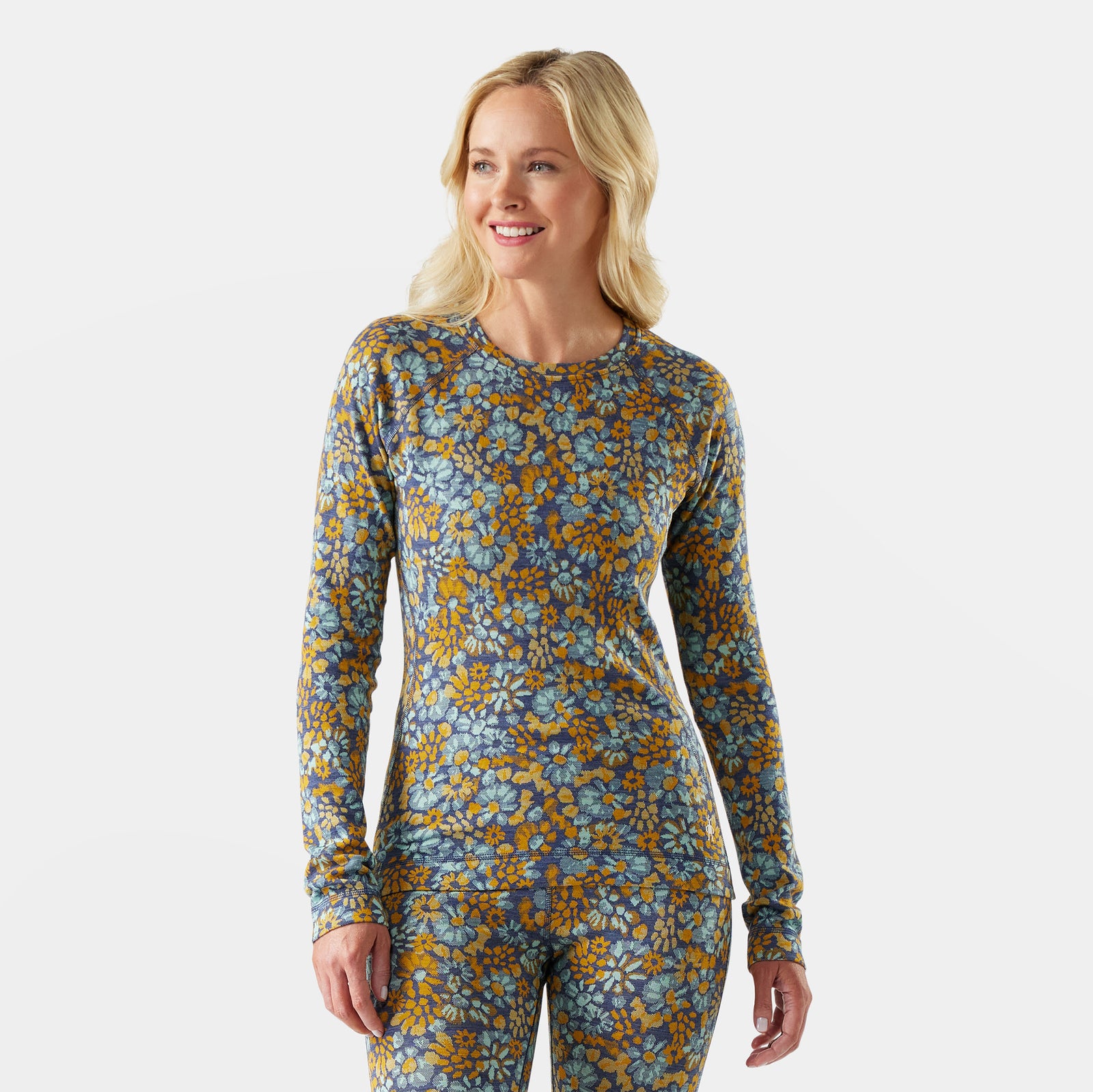 Women's Classic Thermal Merino Base Layer Crew Pacific Blue Floral - ver - 1