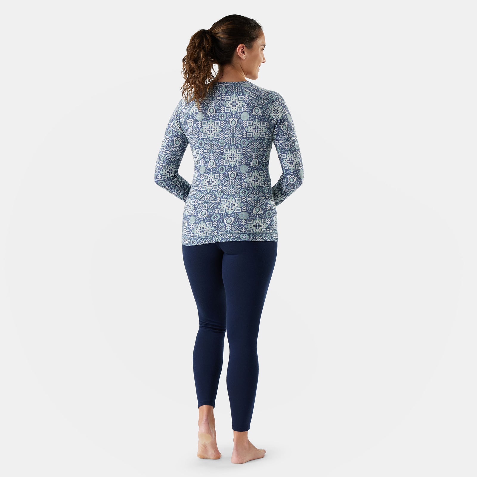 Women's Classic Thermal Merino Base Layer Crew Pacific Blue Floral - ver - 2