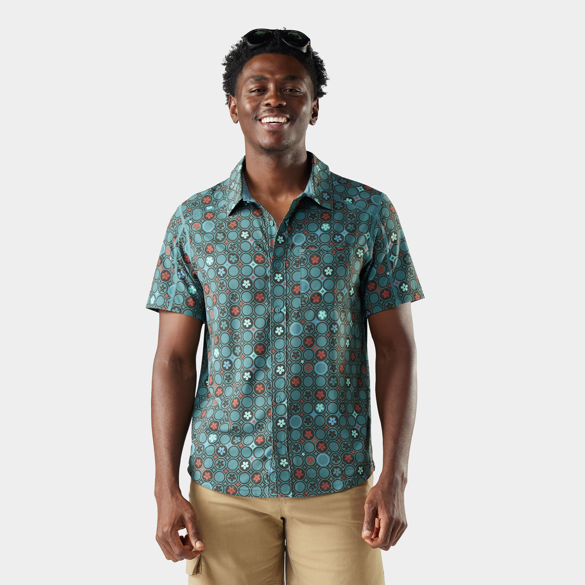 Men's Everyday Short Sleeve Button Down Dusty Teal Geo Floral - 1